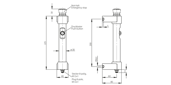 Technical drawing showing front and side views of industrial handles FG16-01 and FG16-04 with dimensions and labeled push-button, emergency stop, and plug connection.